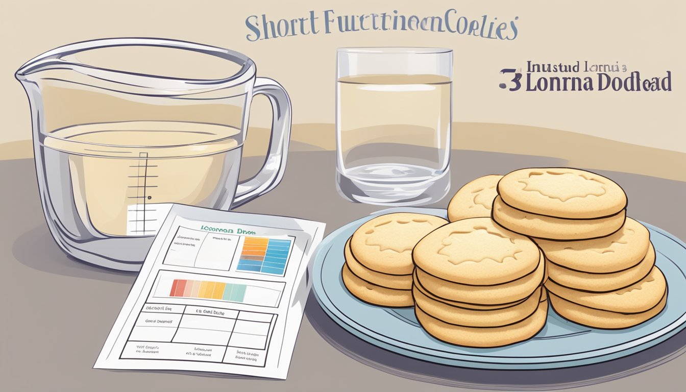 A plate with a stack of Lorna Doone shortbread cookies next to a measuring cup and a dietary guideline chart