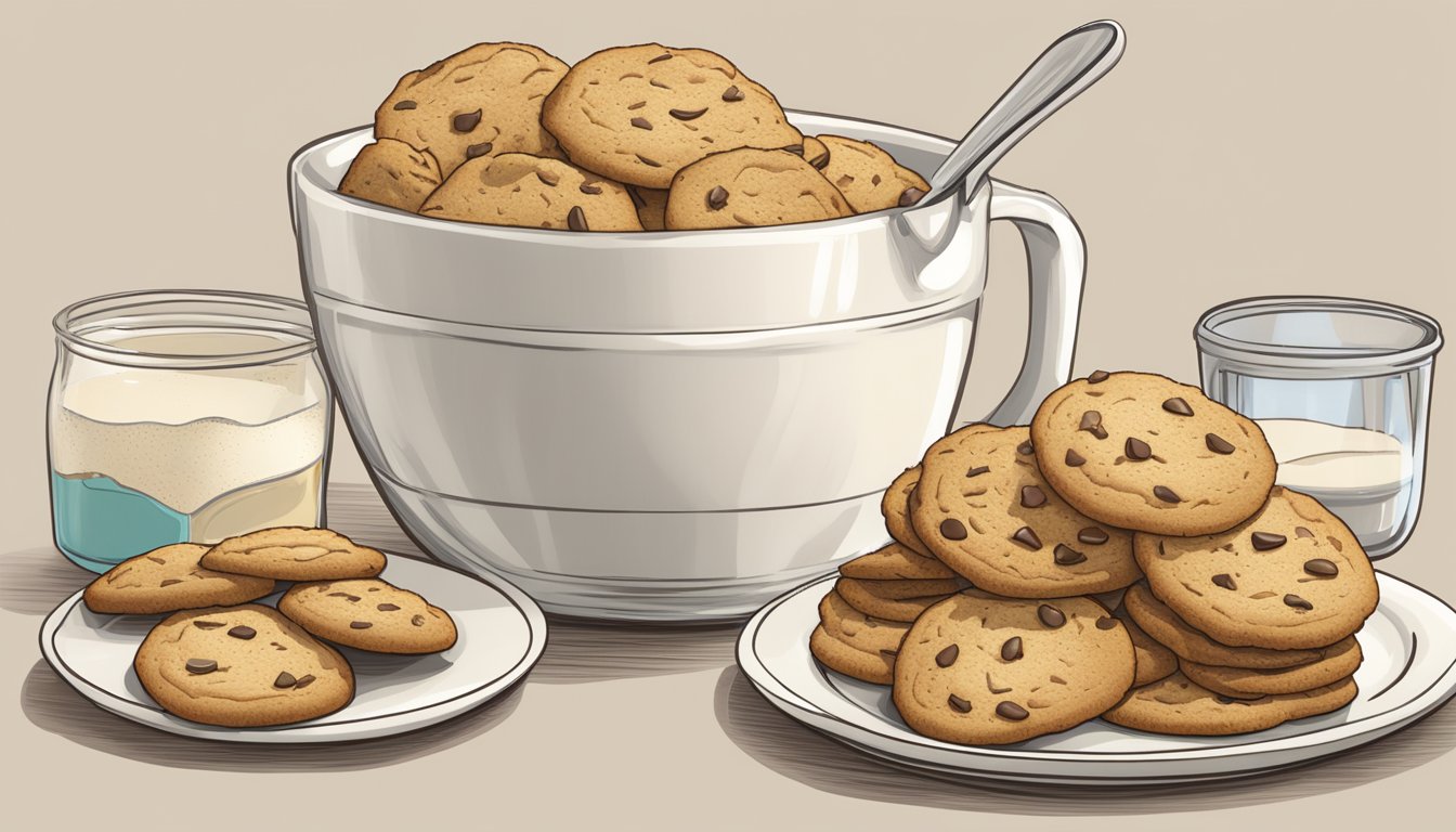 A plate piled high with Pepperidge Farm cookies, with a measuring cup next to it showing the recommended serving size