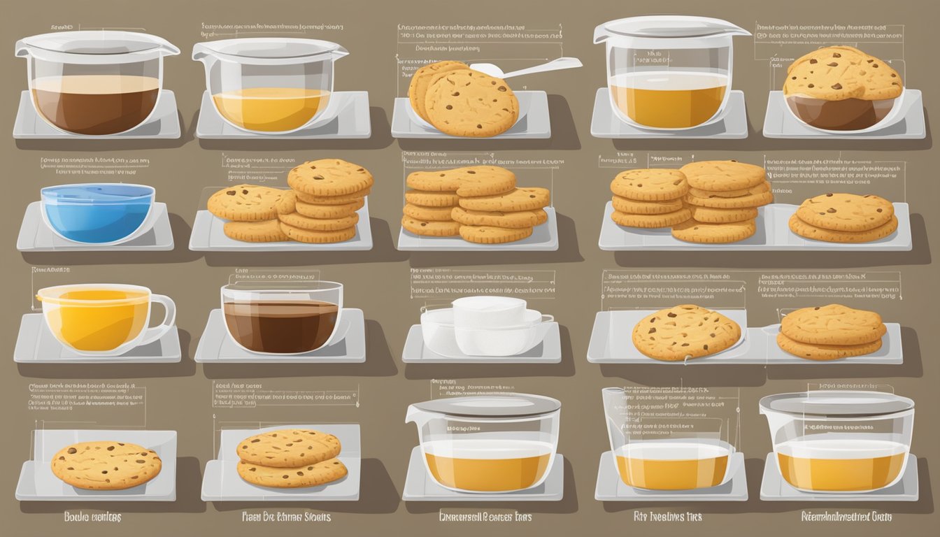 A table with various types of Pepperidge Farm cookies, a measuring cup, and a chart showing recommended daily intake limits