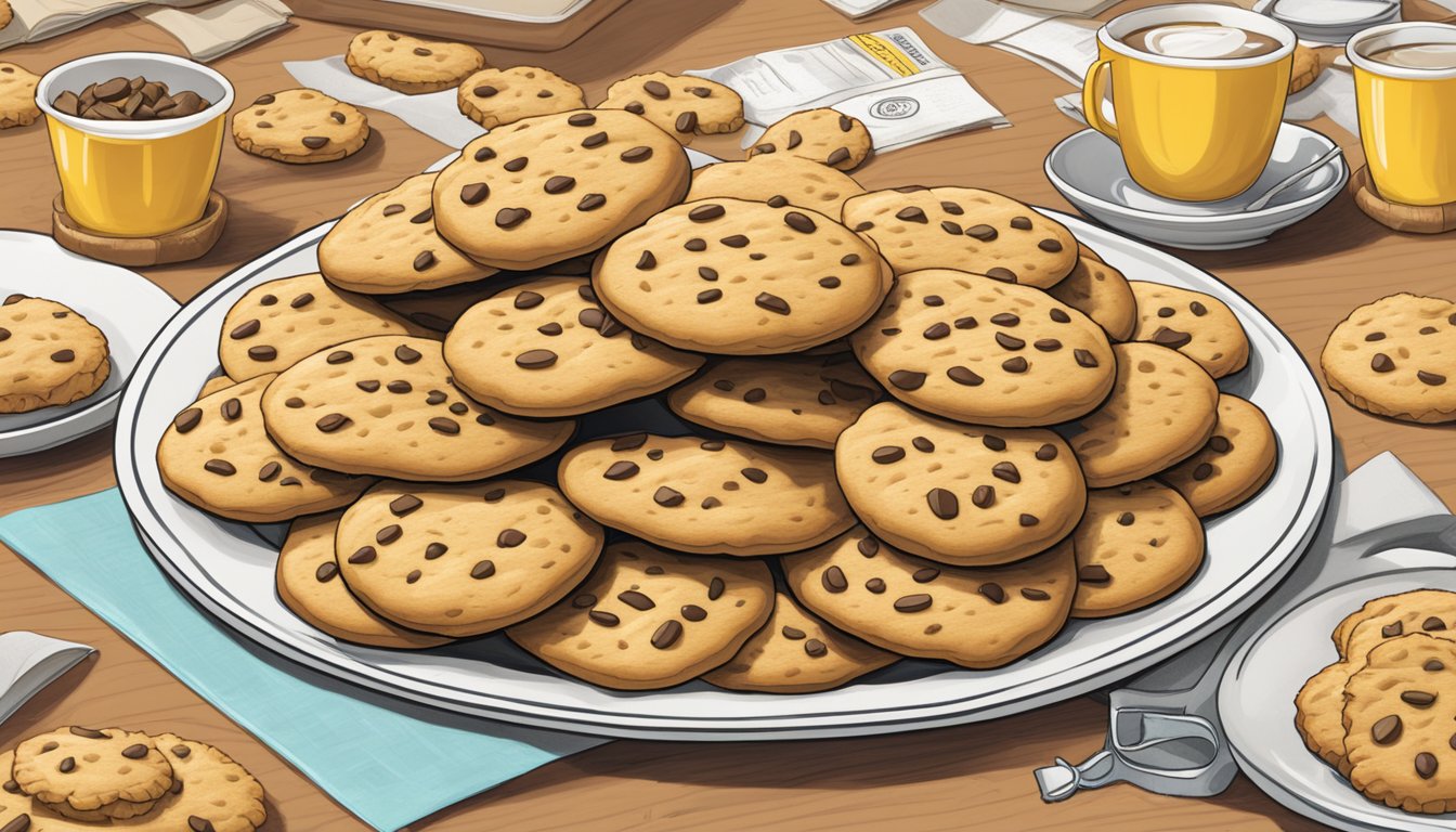 A plate overflowing with Pepperidge Farm cookies, surrounded by caution signs and a measuring tape indicating excessive servings