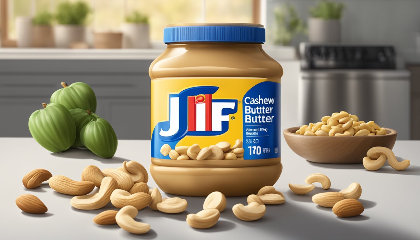 A jar of Jif cashew butter sits on a kitchen counter, surrounded by a few scattered cashew nuts. The lid is slightly ajar, hinting at recent use