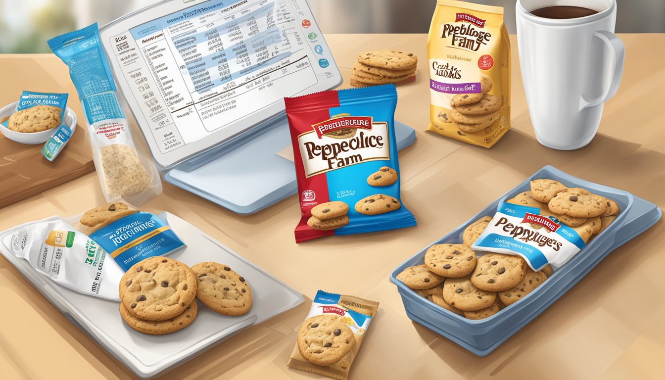 A table with various Pepperidge Farm cookie packages, a nutrition label, and a calculator displaying servings exceeding recommended limits