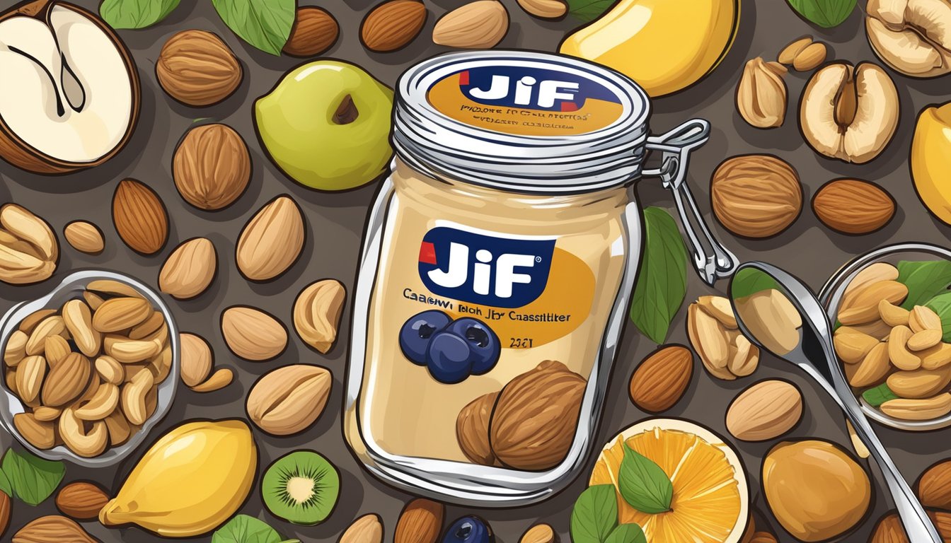 A jar of Jif cashew butter surrounded by a variety of nuts and fruits, with a measuring spoon next to it, indicating portion size