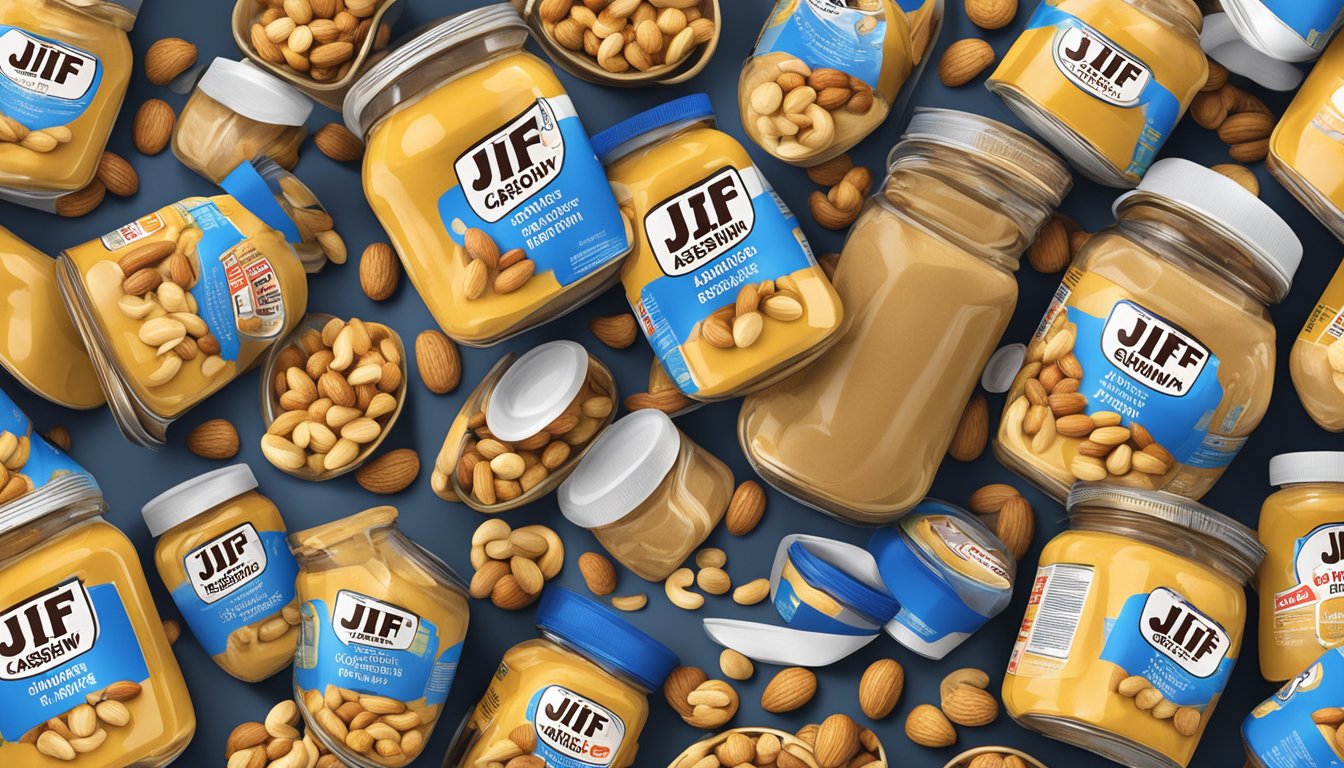 A jar of Jif cashew butter overflowing with nuts, surrounded by caution signs and a warning label