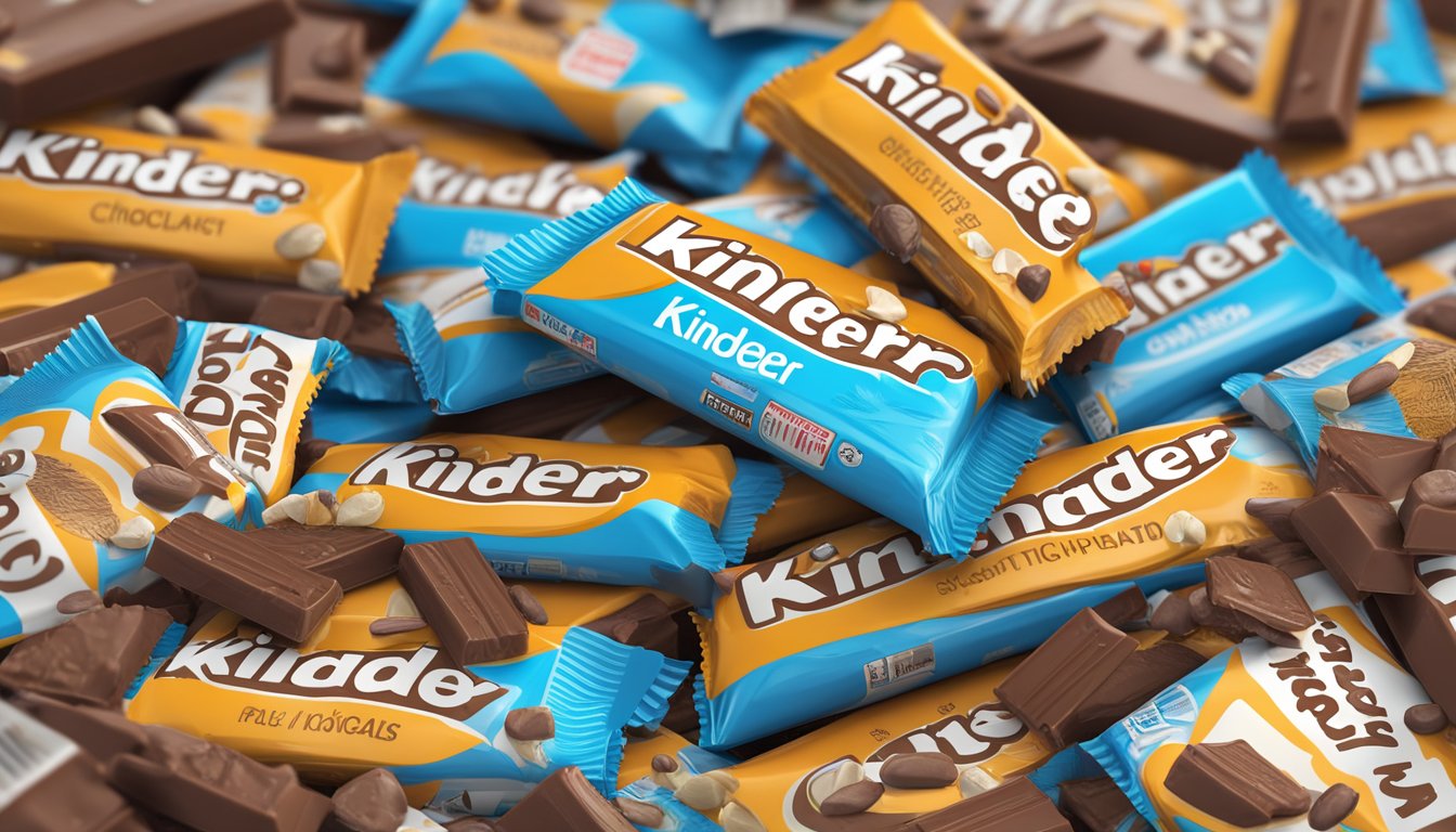 A pile of Kinder chocolate bars, with a nutrition label showing excessive daily consumption