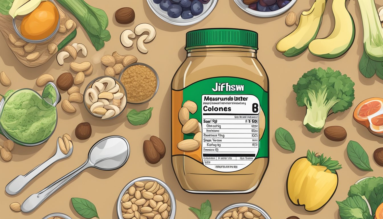 A jar of Jif Cashew Butter surrounded by various healthy foods and measuring spoons, with a nutrition label showing recommended serving size