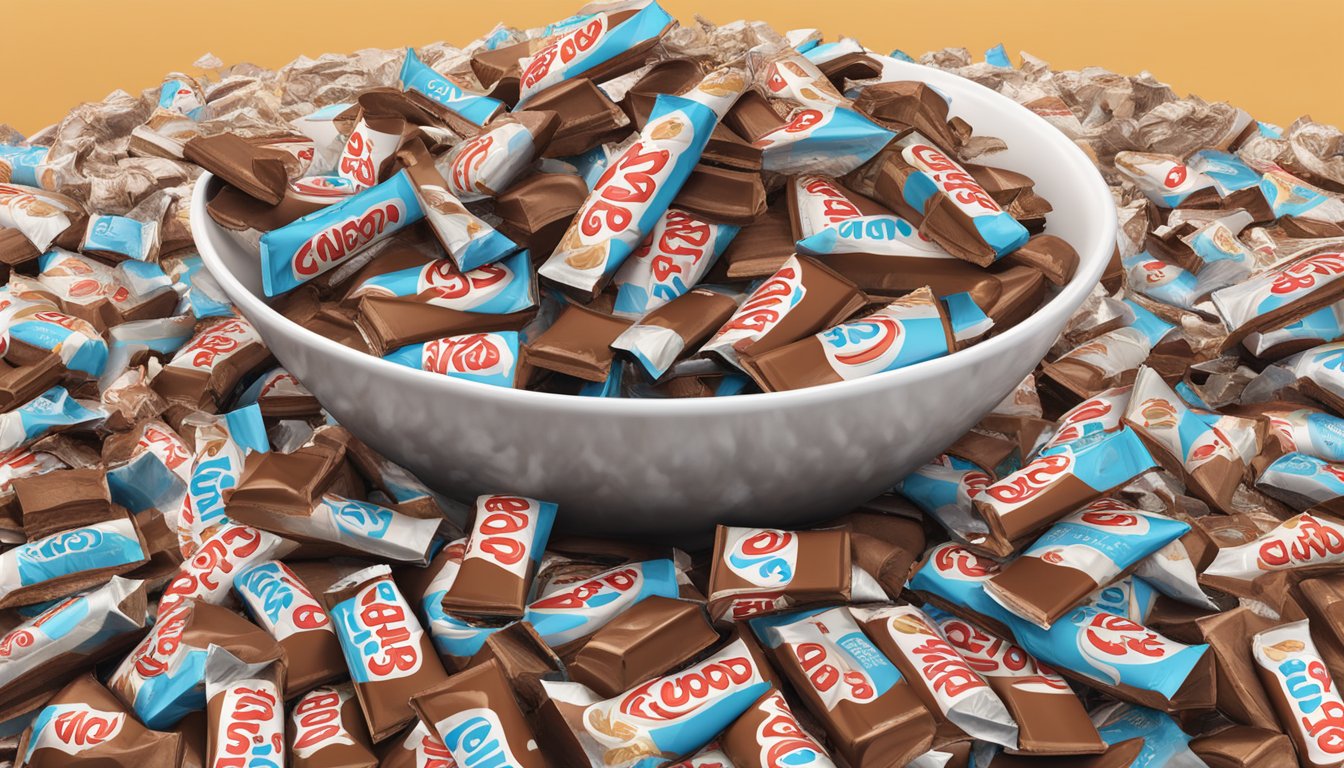 A mountain of Kinder chocolate bars overflowing from a large bowl, surrounded by empty wrappers