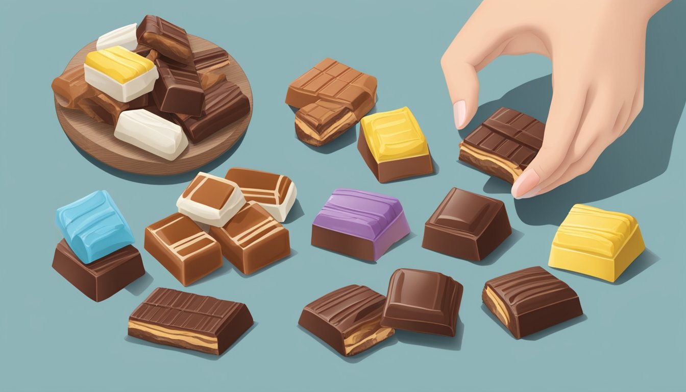 A table with a variety of Kinder chocolates, with a hand reaching for one