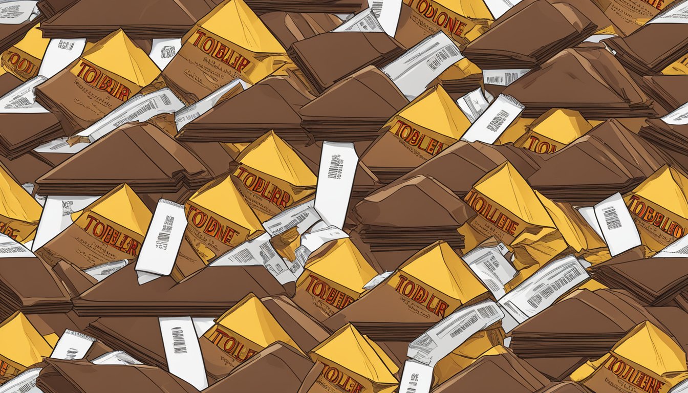 A mountain of Toblerone bars, some partially eaten, with a nutrition label in the background