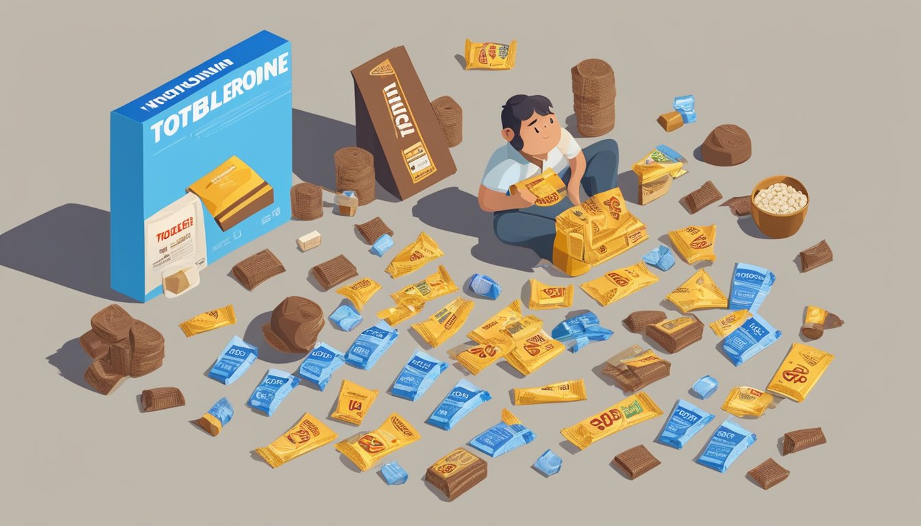 A person surrounded by empty Toblerone wrappers, with a concerned look on their face, surrounded by health-related items such as a scale and a nutrition chart