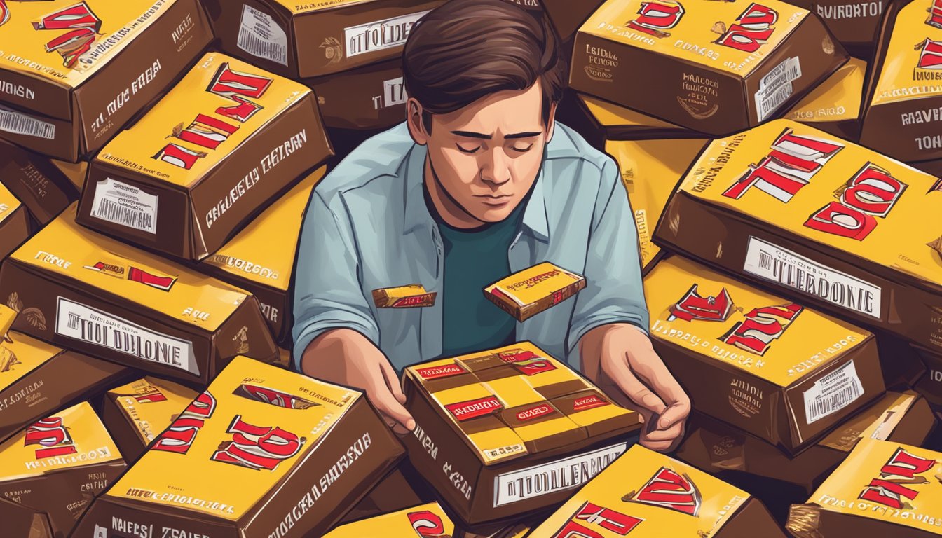 A person surrounded by multiple Toblerone chocolate bars, struggling to decide how much is too much to eat in one day