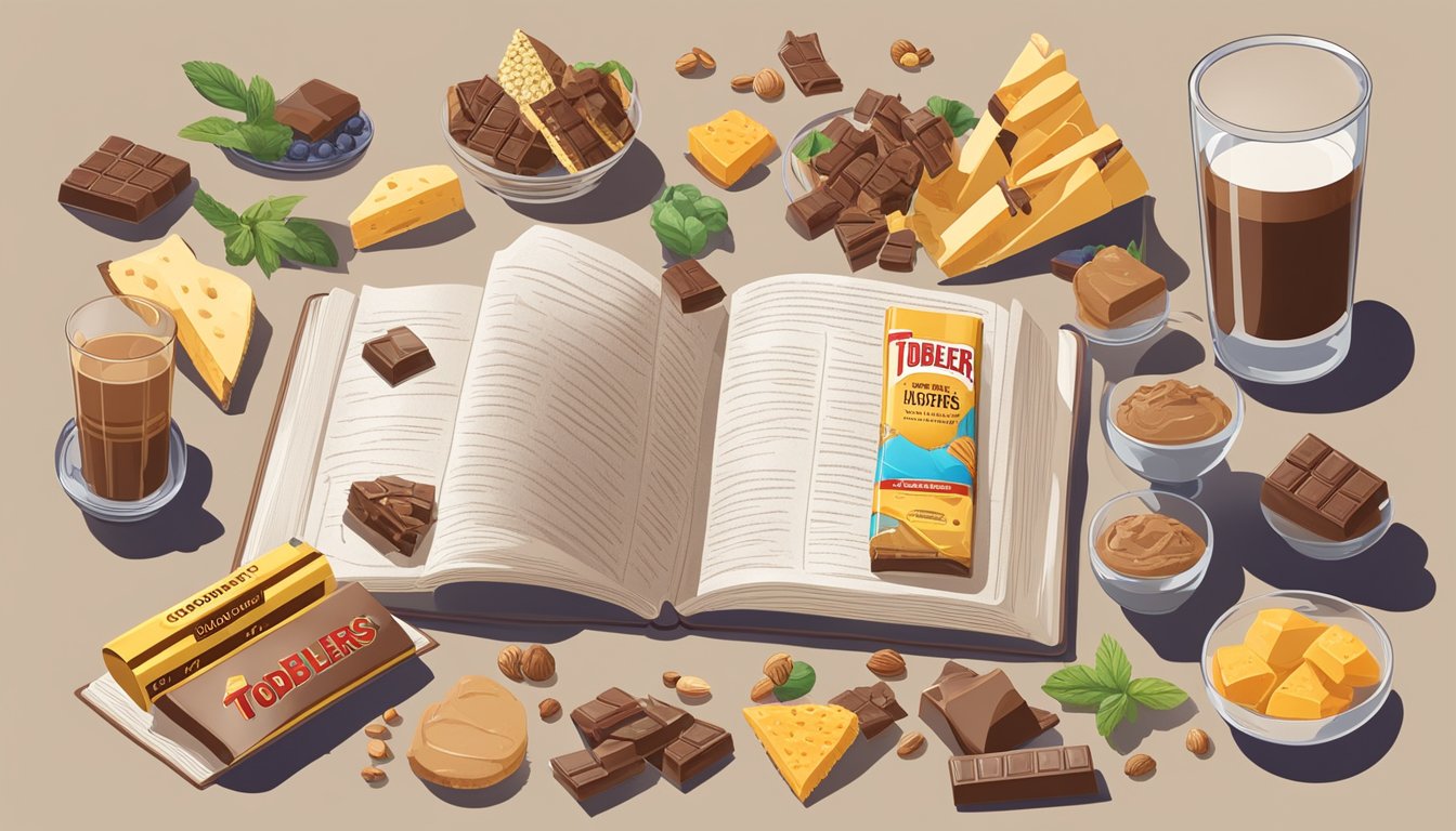 A person holding a Toblerone bar, surrounded by various foods and drinks. An open book with information about chocolate's active compounds and nutrients is displayed nearby