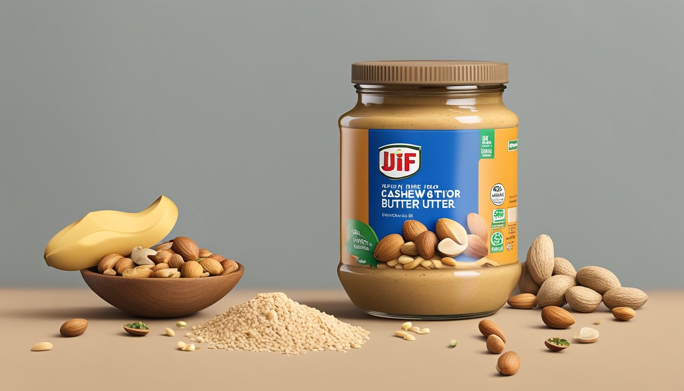 A jar of Jif cashew butter with a measuring spoon, surrounded by various nuts and seeds. A nutrition label and a list of preservation tips are visible nearby