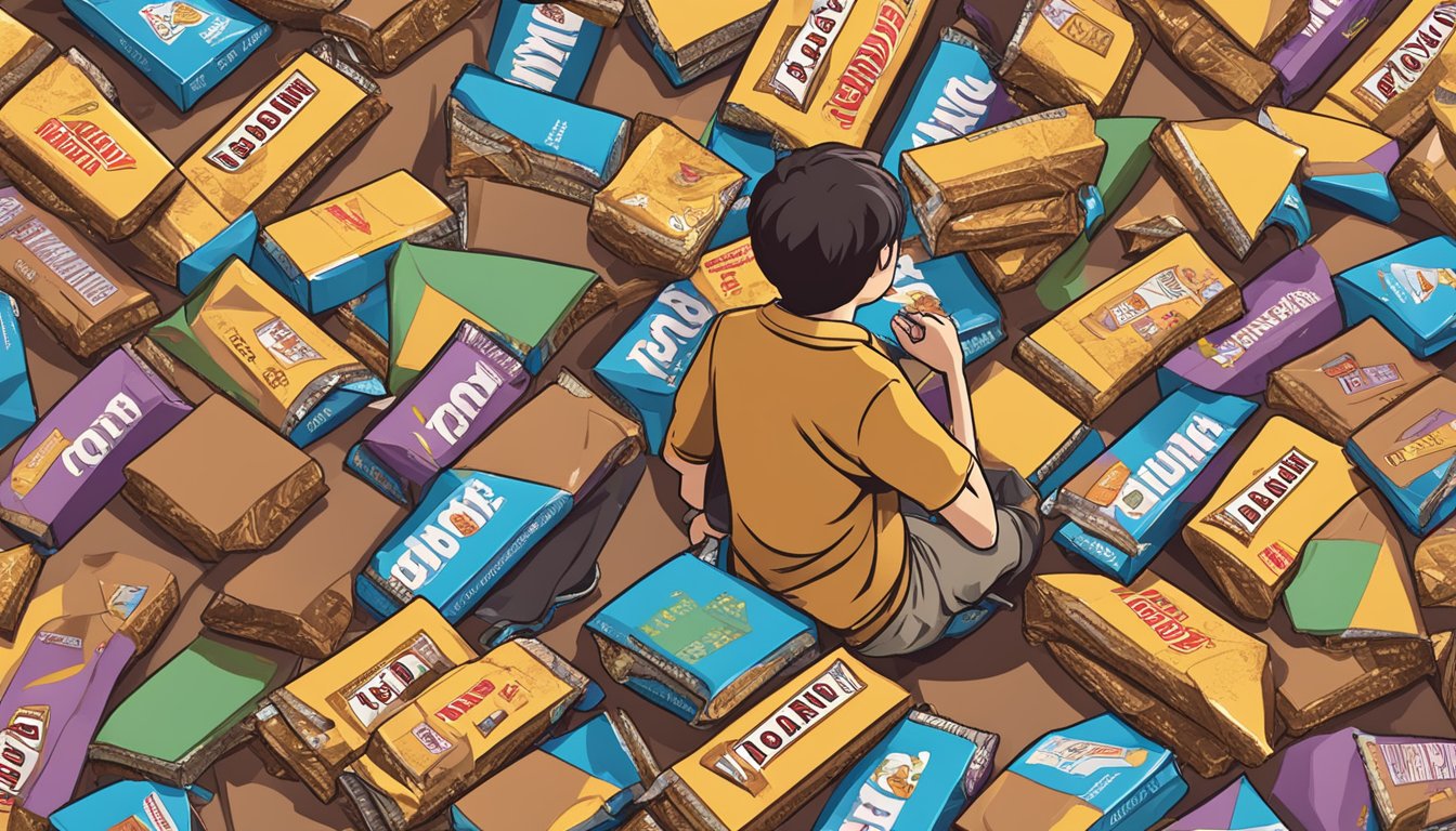 A person holding multiple Toblerone bars, surrounded by scattered wrappers, with a concerned expression