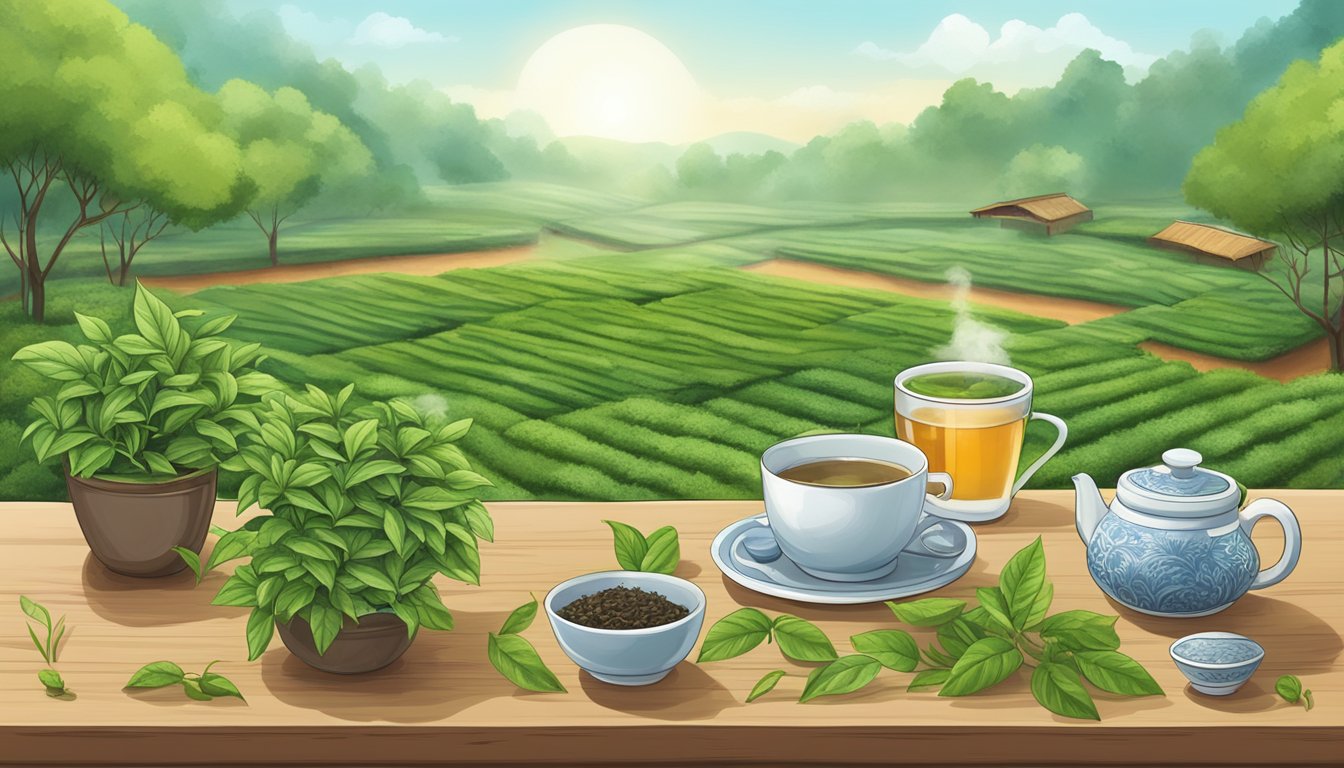 A serene tea garden with various types of tea plants and a steaming cup of mighty leaf tea on a wooden table