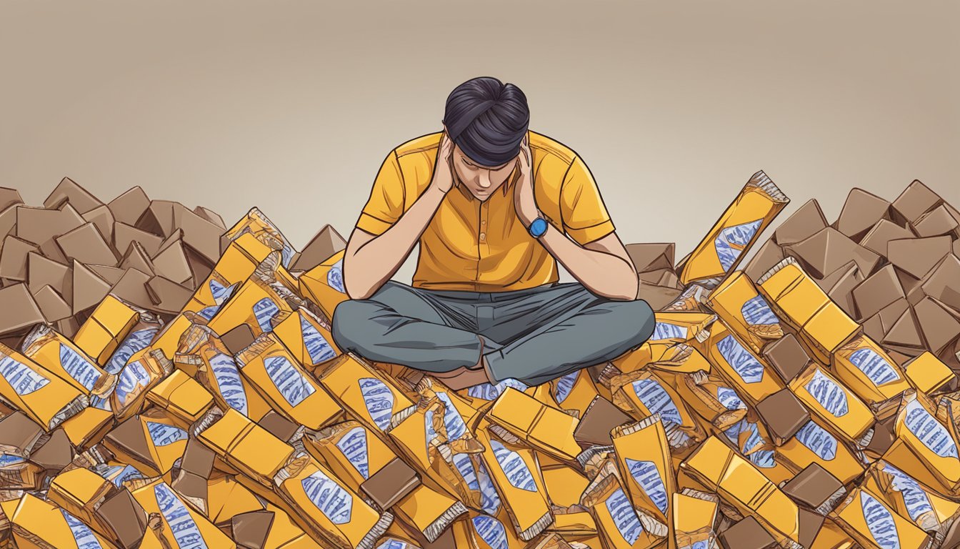 A person surrounded by multiple Toblerone bars, with a pile of empty wrappers nearby and a concerned expression on their face