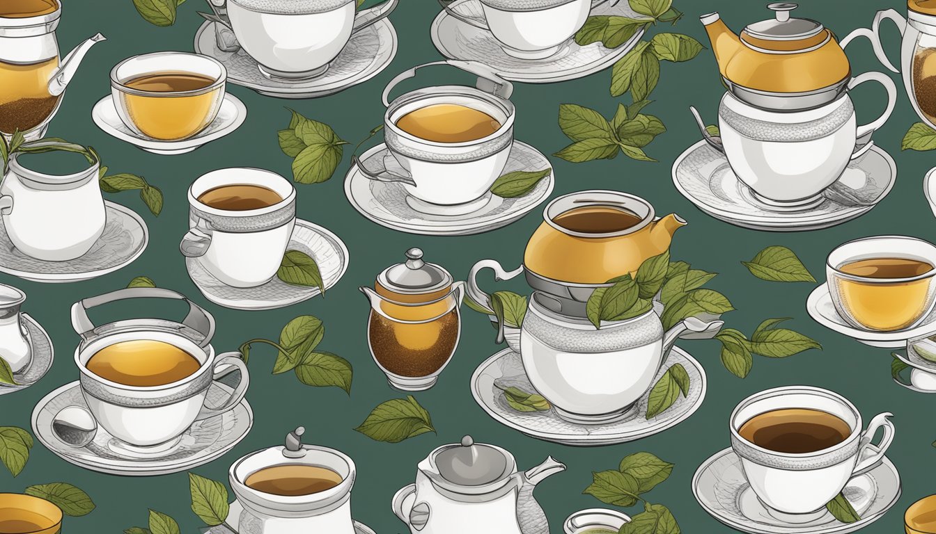 A table with multiple cups of tea, some empty and some full, surrounded by scattered tea leaves and a steaming kettle