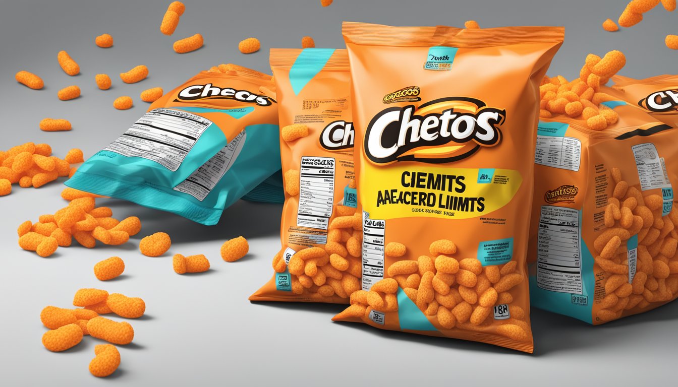 A pile of empty Cheetos bags next to a nutrition label with "exceeds recommended limits" highlighted