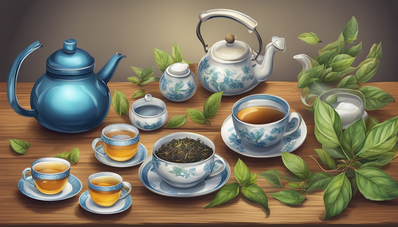 An assortment of tea leaves, a steaming kettle, and a delicate teapot on a wooden table, surrounded by various tea accessories