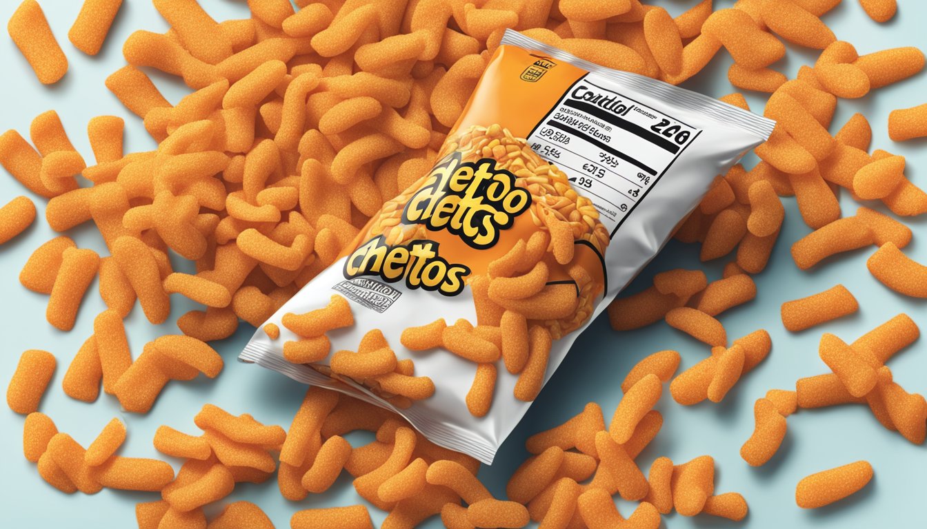 A pile of Cheetos spilling out of an open bag, with a nutrition label showing excessive servings