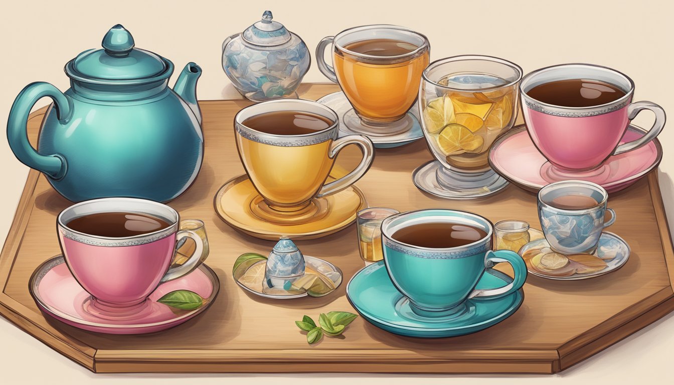 A table with various flavors of Yogi Tea, a teapot, and multiple empty cups