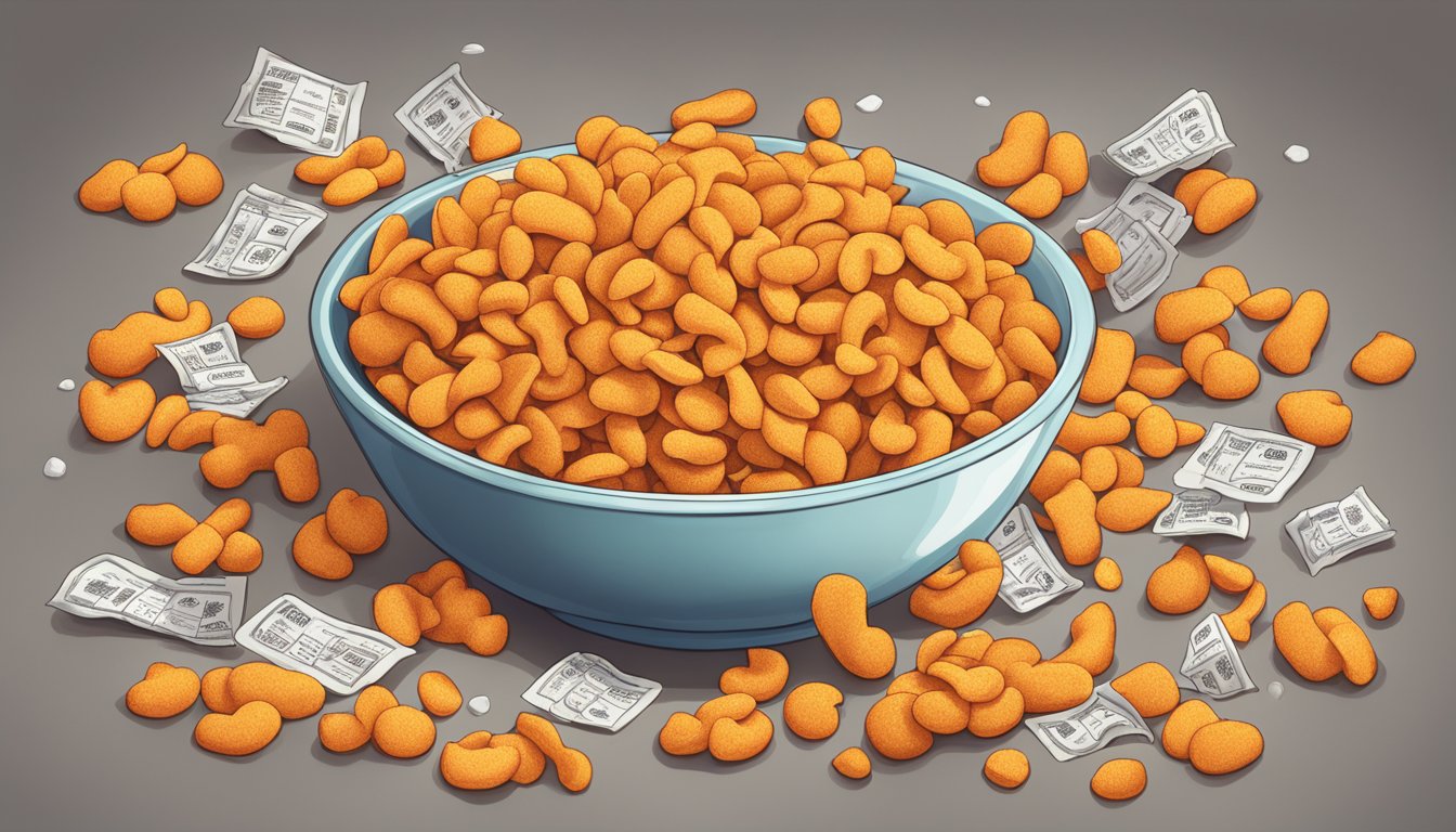 A pile of Cheetos spilling out of an overflowing bowl, with a nutrition label showing serving sizes and recommended limits