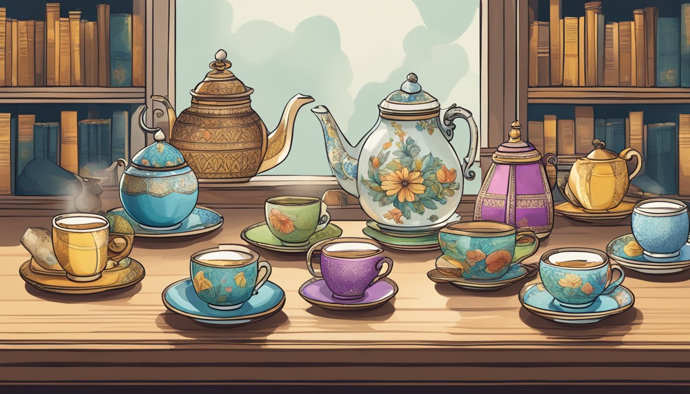 A table with various teacups and teapots, surrounded by books on culture and cognition