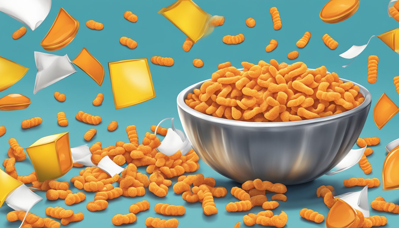 A bowl of Cheetos overflowing with servings, surrounded by caution signs