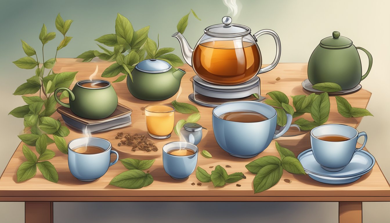 A table with multiple cups of Yogi tea, some empty and some full, surrounded by scattered tea leaves and a steaming kettle