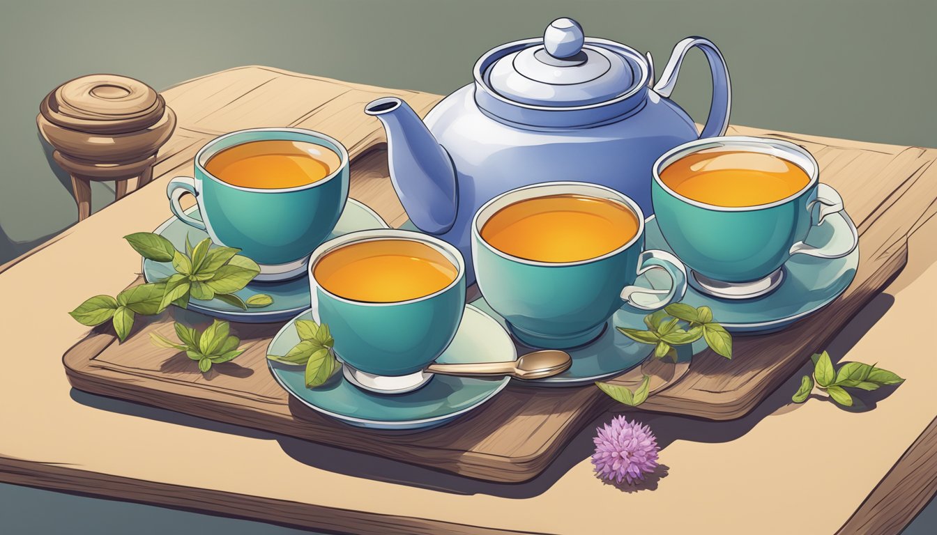 A table with various flavors of Yogi tea, a teapot, and several empty cups