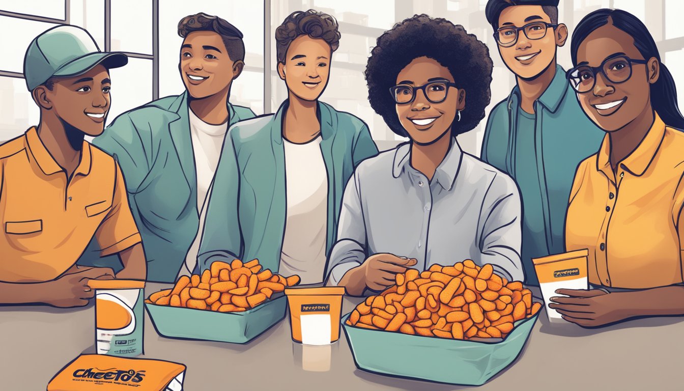 A group of diverse individuals with different ages and genders, each holding a bag of Cheetos and a chart showing recommended daily serving limits