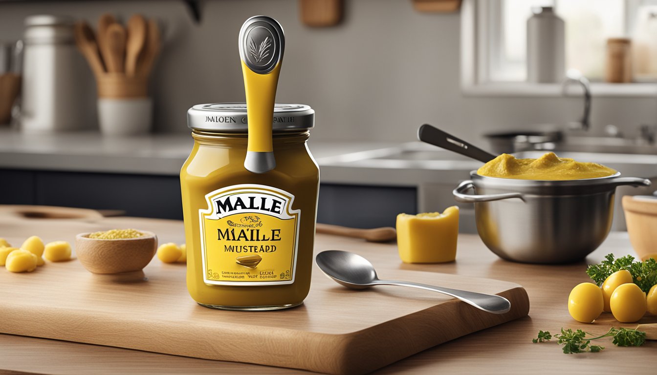 A jar of Maille Dijon Originale Mustard sits next to a measuring spoon on a kitchen counter