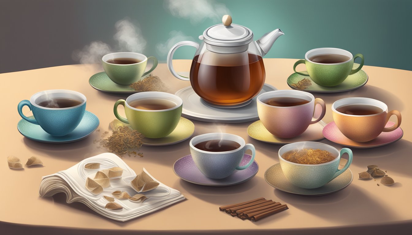 A table with multiple cups of Yogi tea, some empty and some full, surrounded by scattered tea bags and a steaming teapot