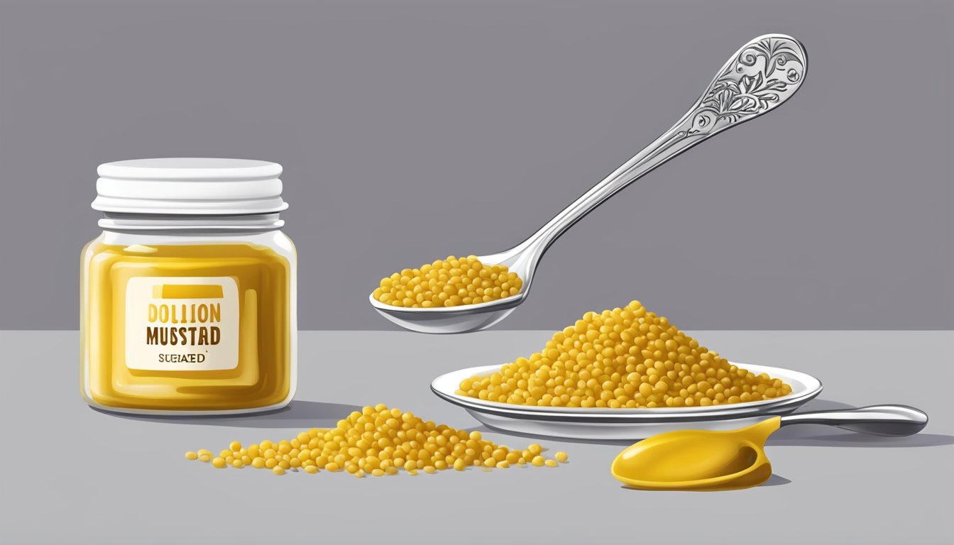 A dollop of Dijon mustard squeezed onto a spoon, with a jar and mustard seeds in the background