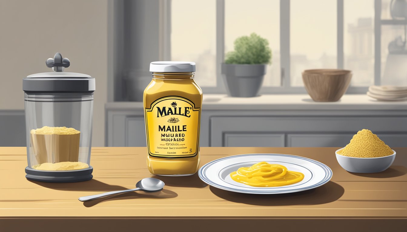 A table with a plate of food and a jar of Maille Dijon Originale mustard, with a measuring spoon next to it, indicating excessive consumption