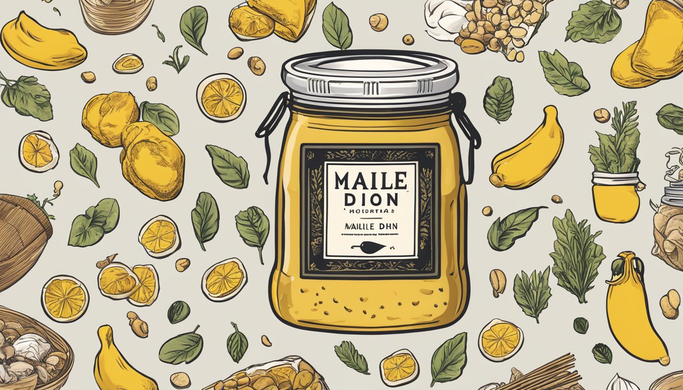 A jar of Maille Dijon Originale mustard surrounded by various foods, with a question mark hovering above it