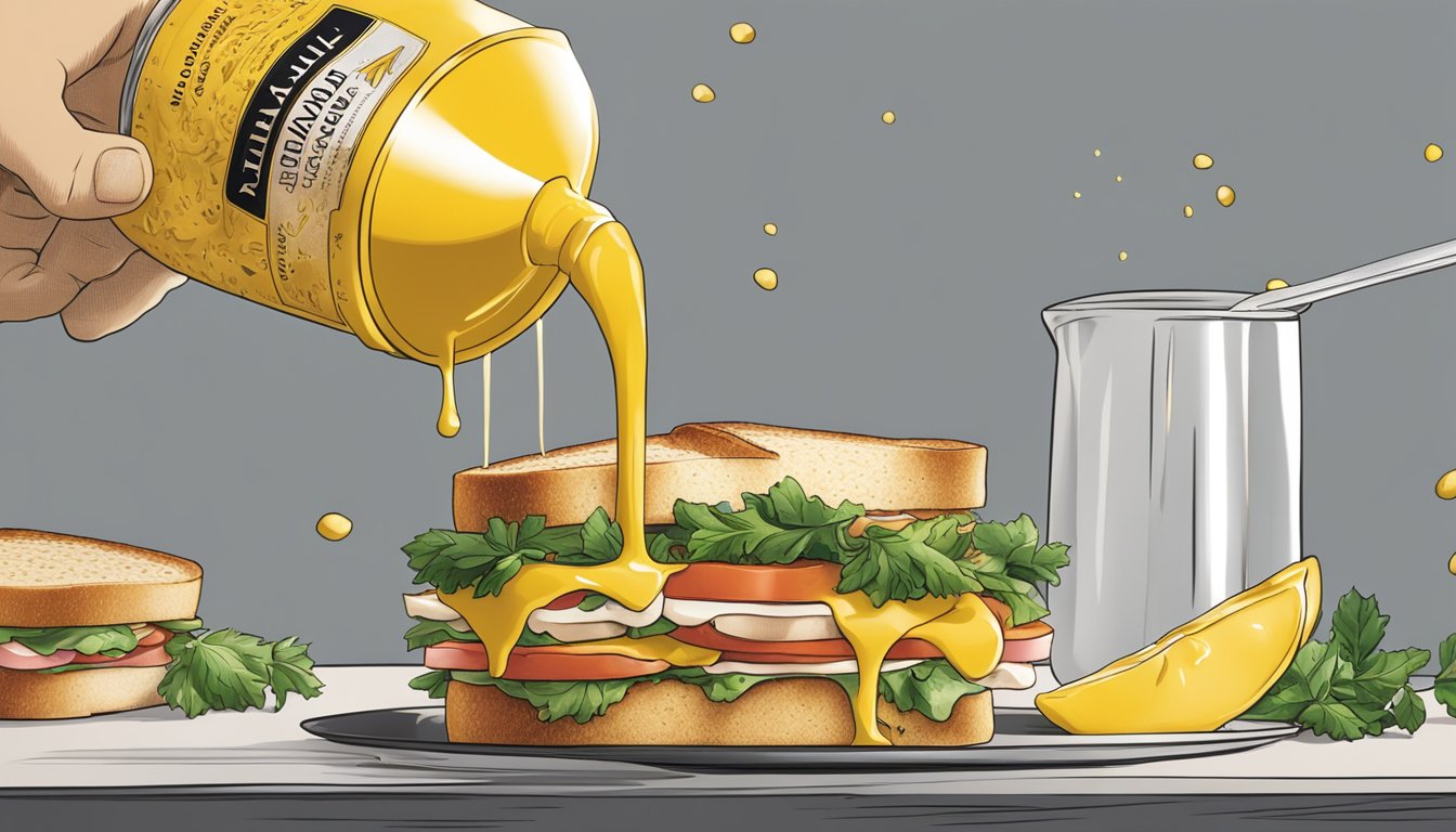 A dollop of Maille Dijon Originale mustard being drizzled onto a sandwich