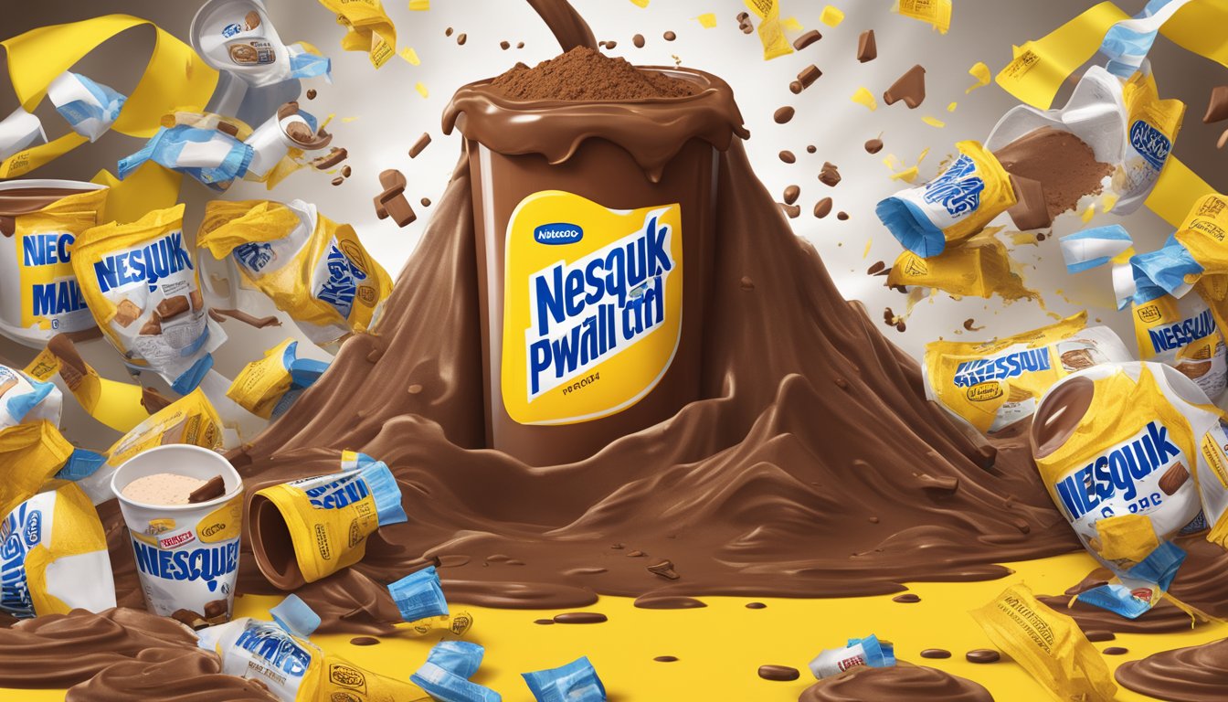 A towering mountain of Nesquik chocolate milk powder spills from an overflowing cup, surrounded by caution tape and warning signs