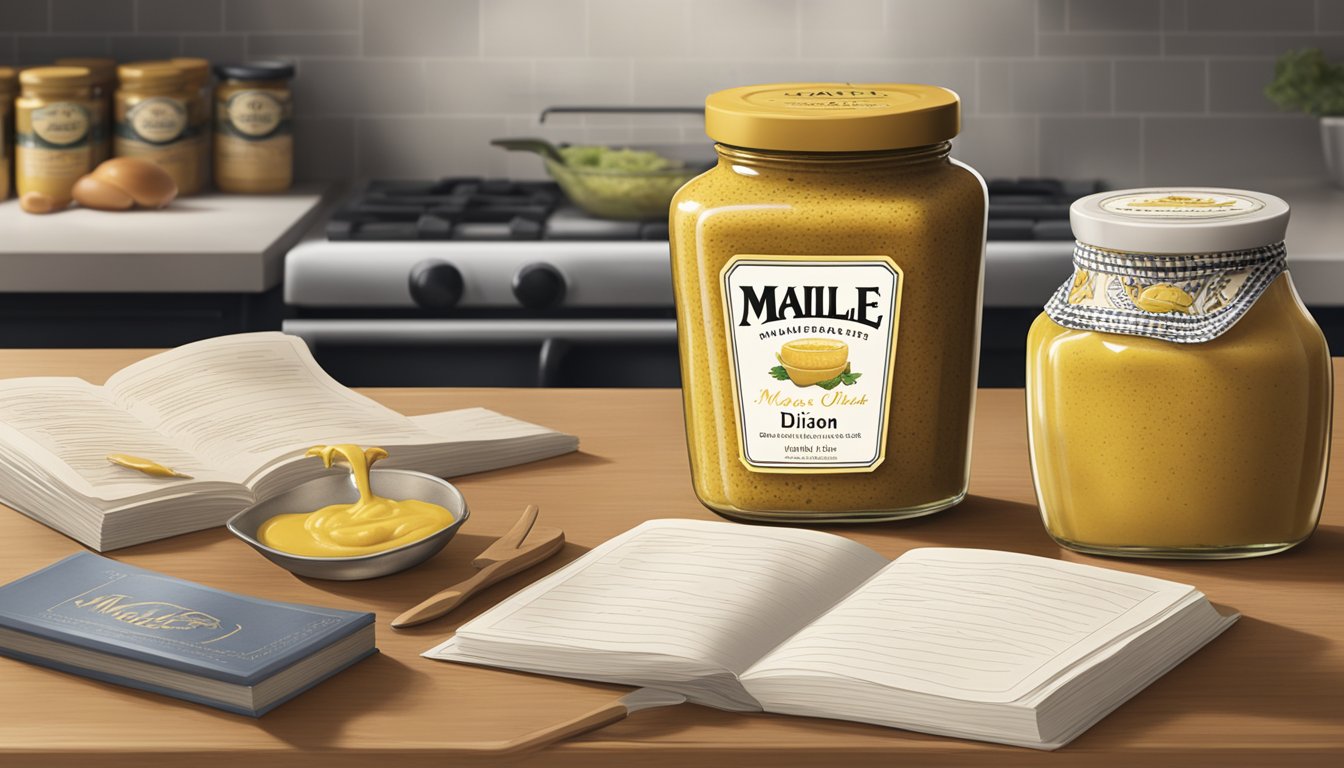 A jar of Maille Dijon Originale mustard sits on a kitchen counter, next to a stack of recipe books and a shopping list