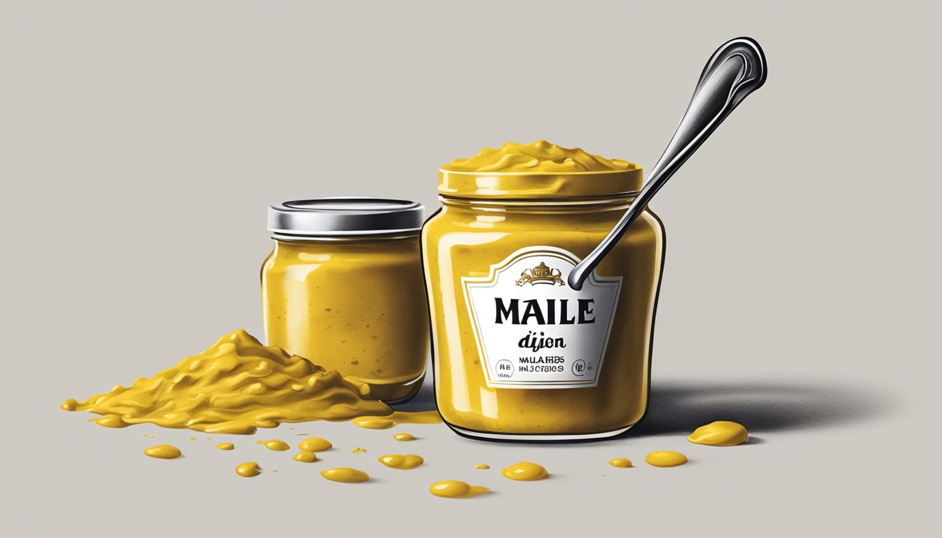 A jar of Maille Dijon Originale mustard surrounded by empty spoons and overflowing with mustard smudges