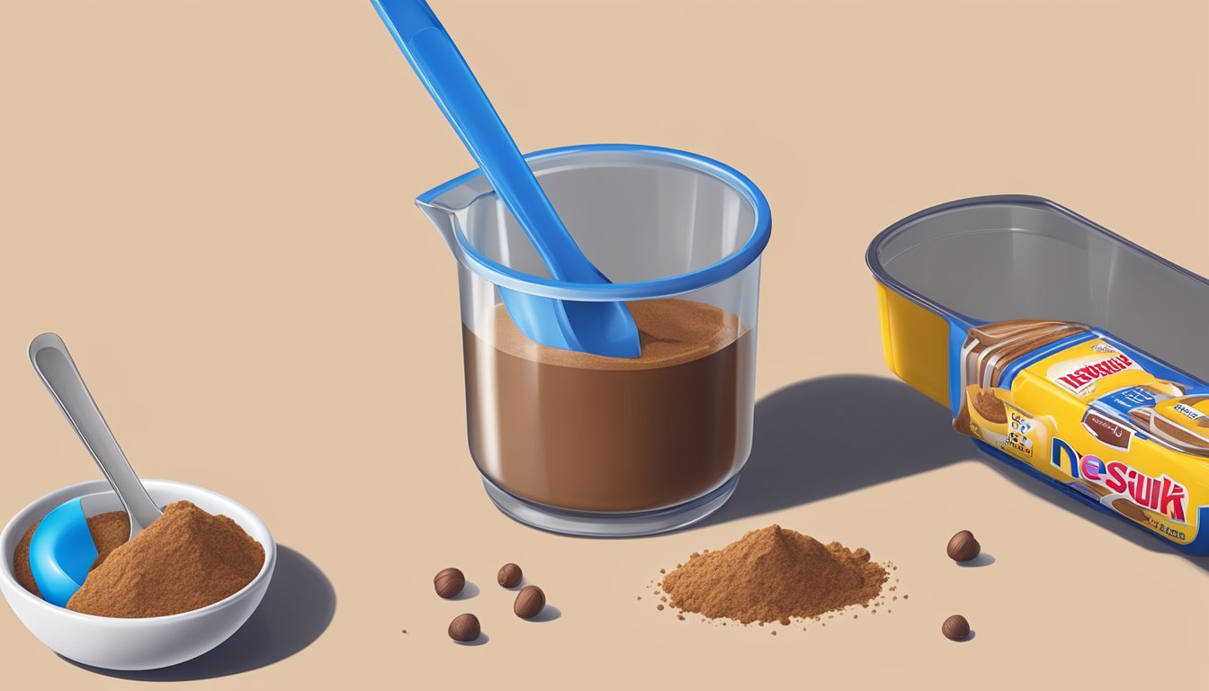 A small spoon overflowing with Nesquik powder next to a measuring cup