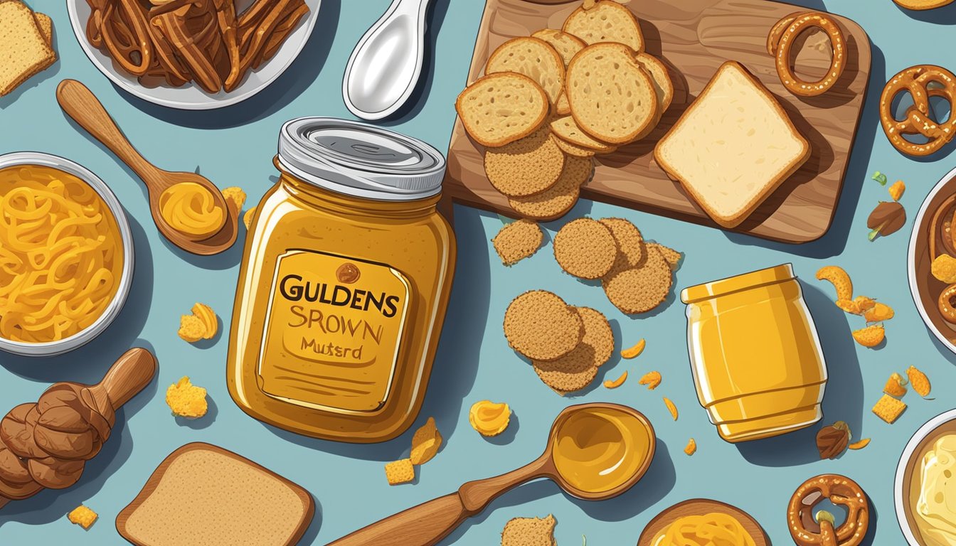 A jar of Guldens spicy brown mustard with a measuring spoon next to it, surrounded by various foods like sandwiches and pretzels