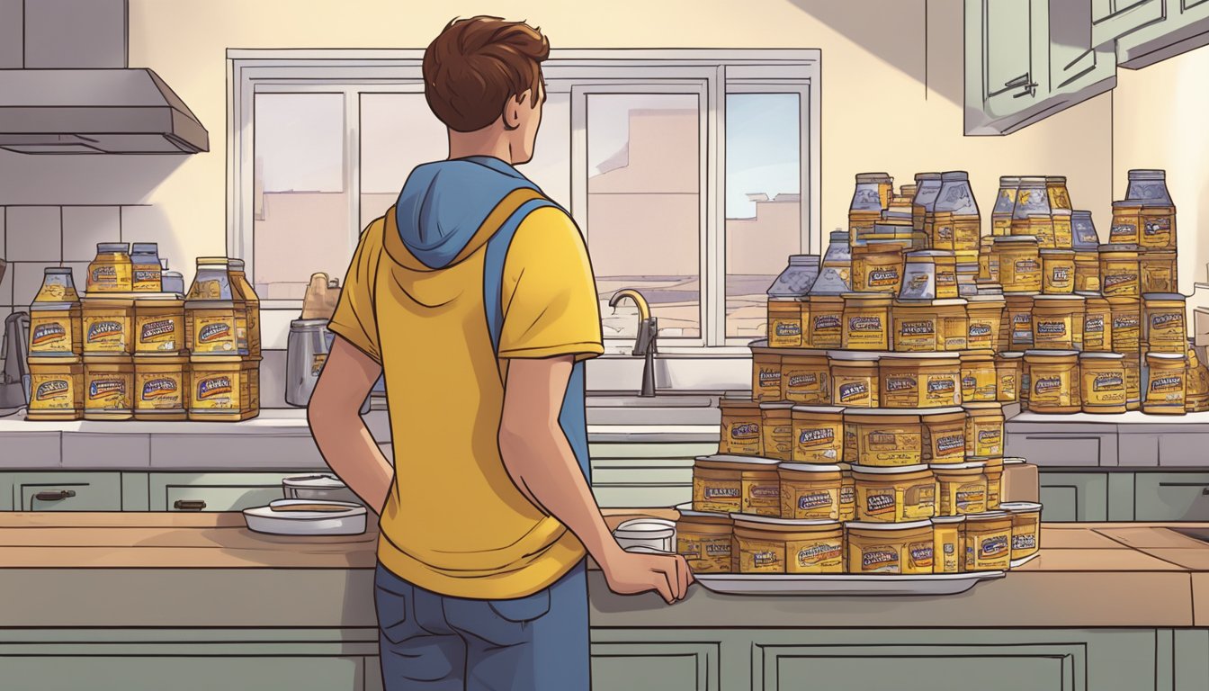 A large pile of empty Nesquik chocolate milk powder containers stacked on a kitchen counter, with a worried person looking at them