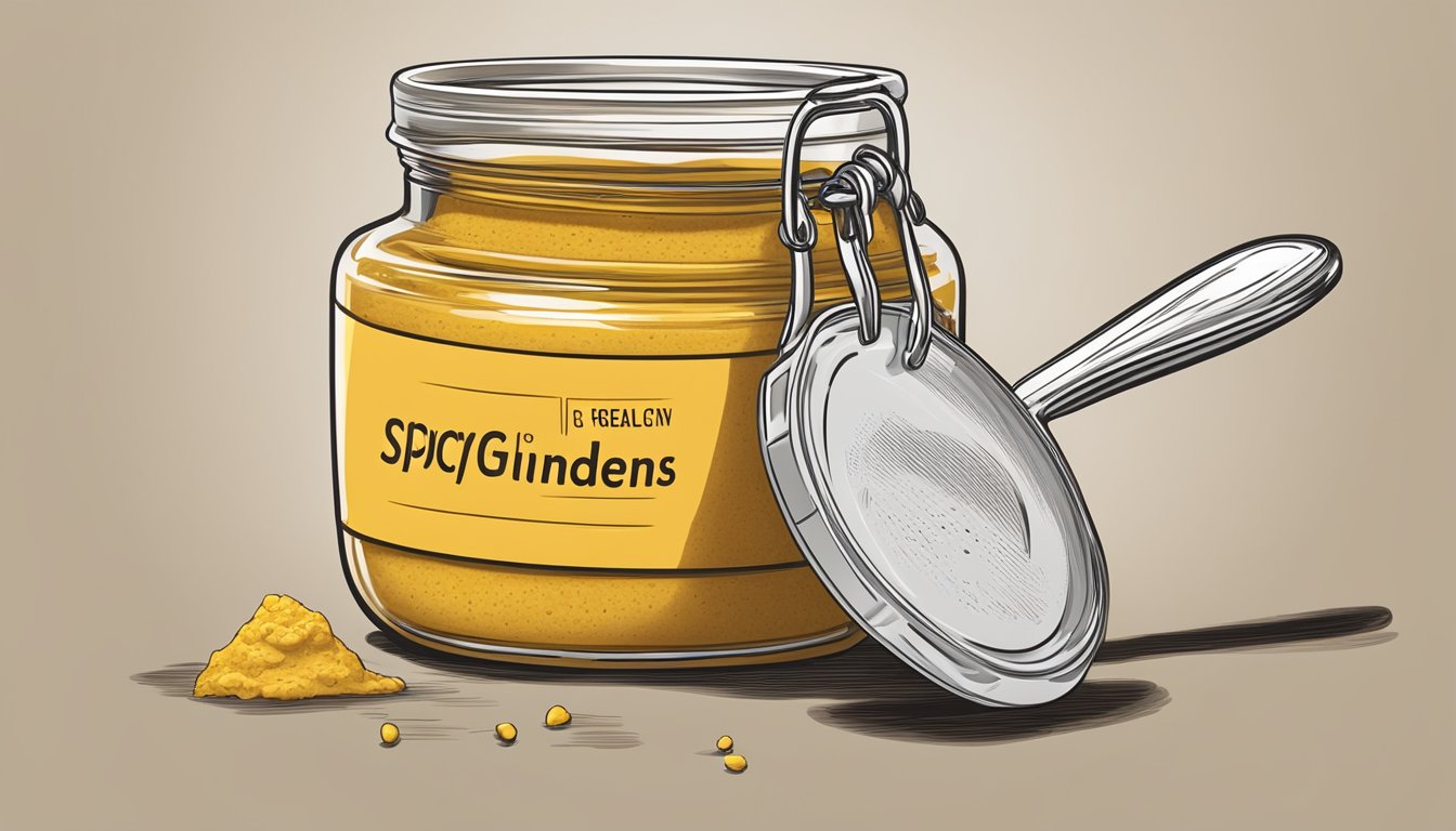 A jar of Guldens spicy brown mustard with a measuring spoon next to it, indicating portion control