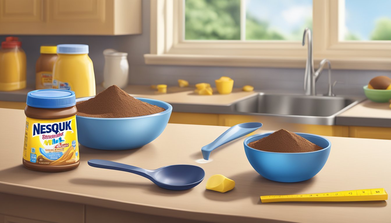 A kitchen counter with a spoon and a measuring cup next to a container of Nesquik chocolate milk powder