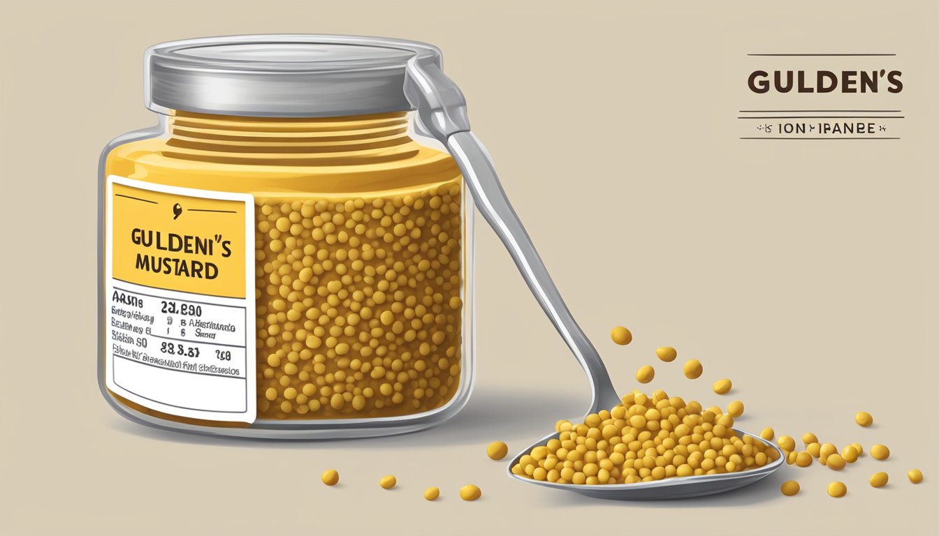 A jar of Gulden's Spicy Brown Mustard with a nutrition label, surrounded by scattered mustard seeds and a measuring spoon