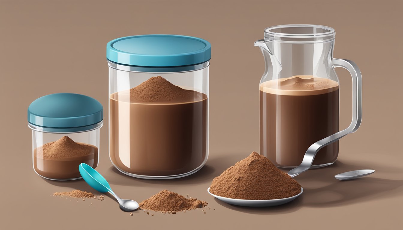 A kitchen counter with various containers of chocolate milk powder and a measuring spoon