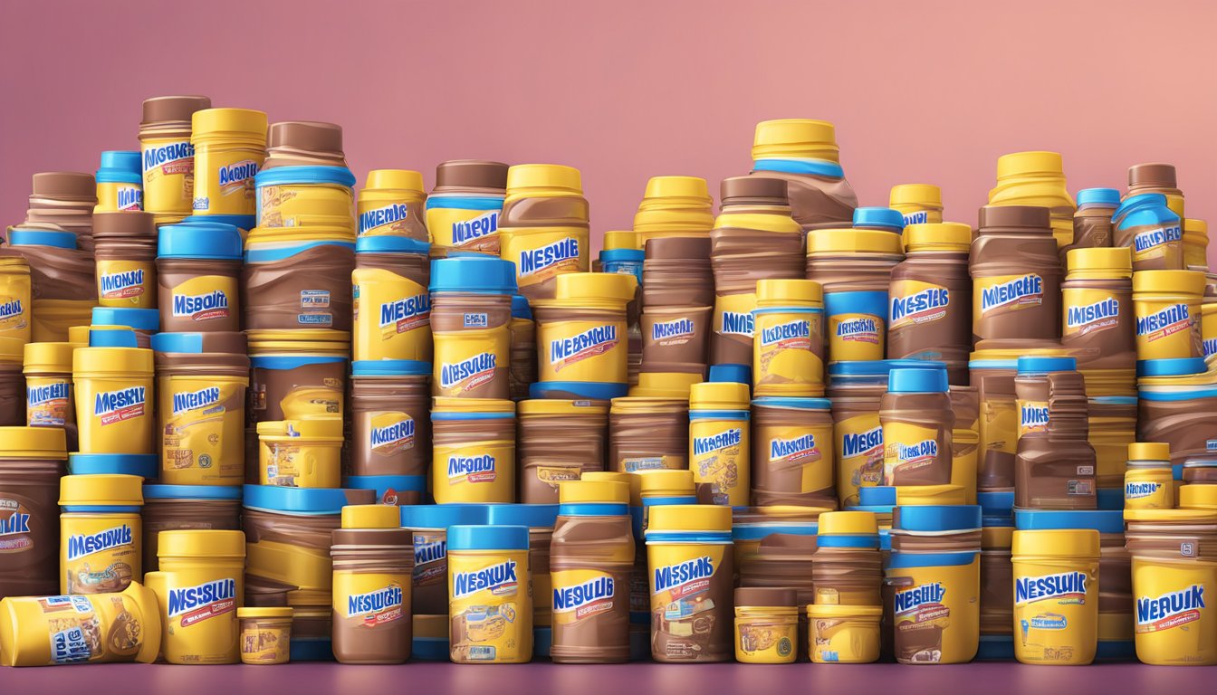 A mountain of empty Nesquik chocolate milk powder containers stacked high, overflowing with excess consumption