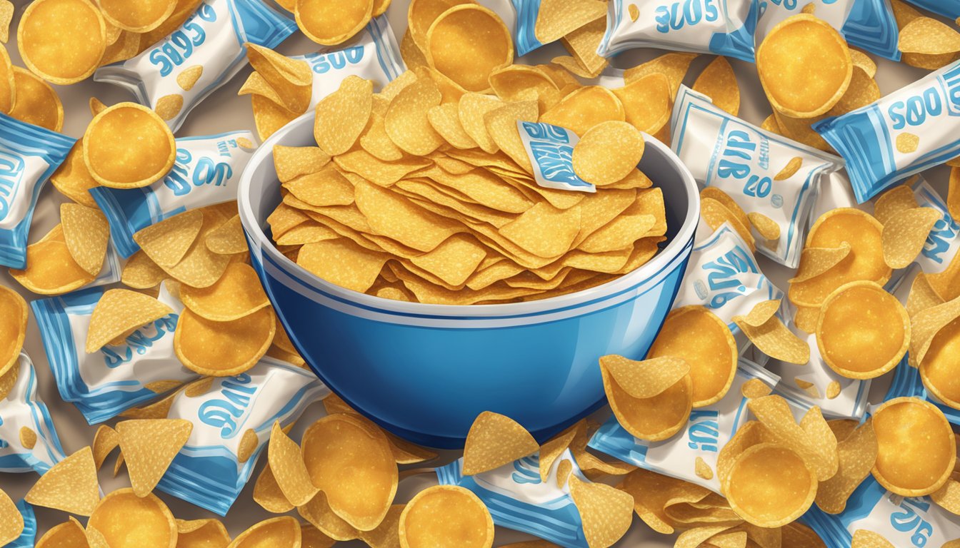 A bowl overflowing with Sun Chips, surrounded by empty chip bags