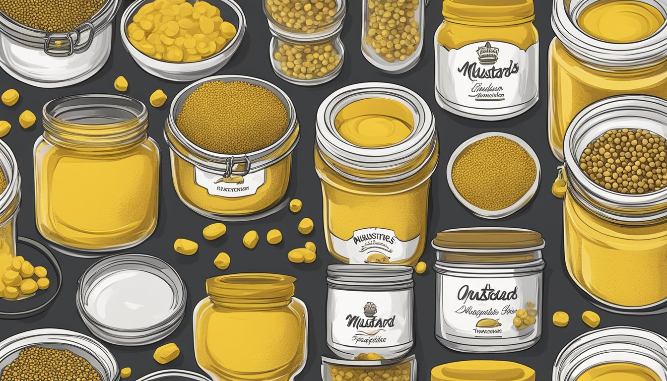 A variety of mustard jars lined up with labels indicating different brands and types, surrounded by scattered mustard seeds and a measuring spoon